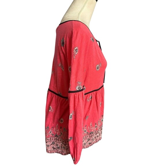 Lucky Brand Floral Boho Coral Tie Neck Keyhole 3./4 Bishop Sleeves Blouse Sz S - Picture 5 of 9